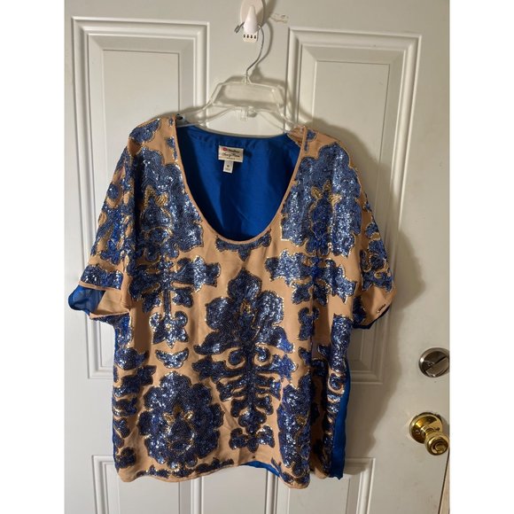 Neiman Marcus Tracy Reese NY blue beige short cap sleeved sequined top size XL - Picture 1 of 6